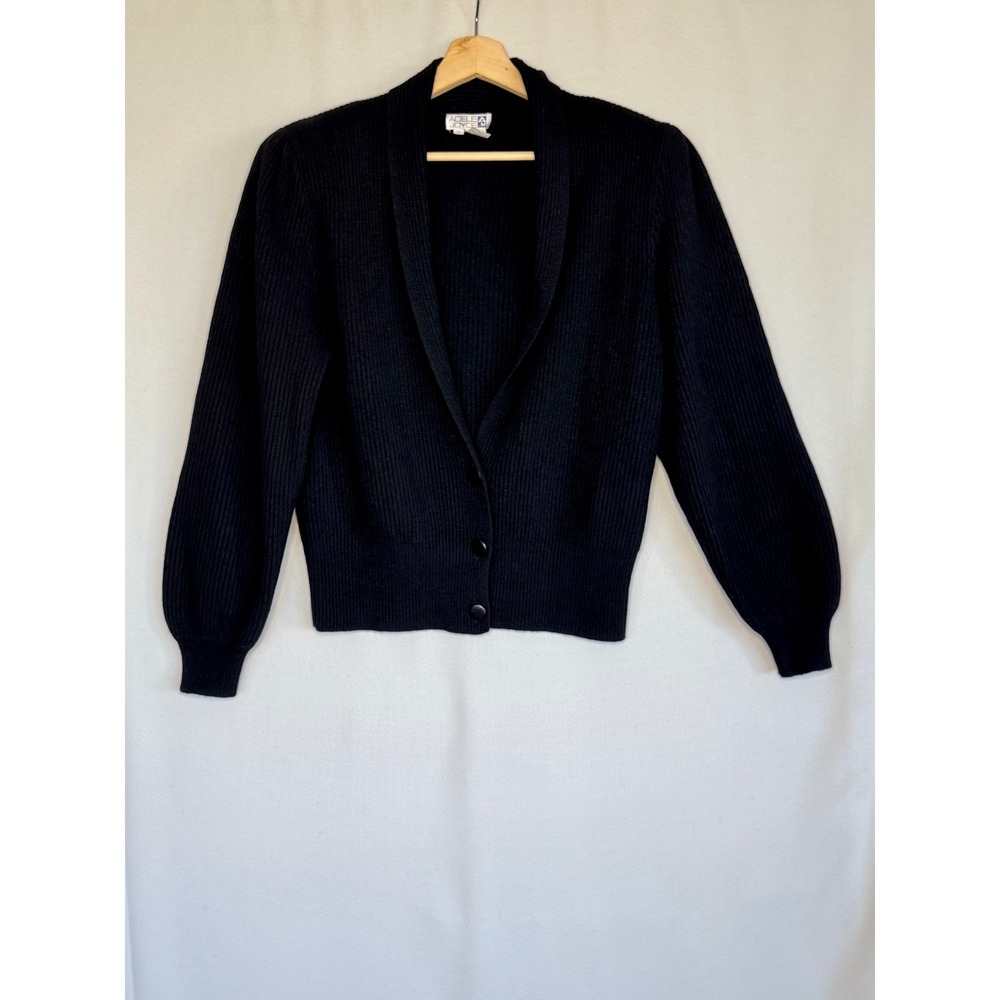 80s Vintage ADELE JOYCE Wool Angora Black Rib Knit Puff Sleeve Cardigan Medium